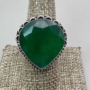 New Faceted Enhanced Emerald Teardrop Silver Overlay Ring Size 8.75